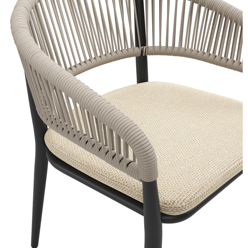 Tolfa stapelbare tuinstoel in zwart aluminium en beige verticaal geweven ronde rope met stoelkussen in All Weather Cosytica Althea Camel