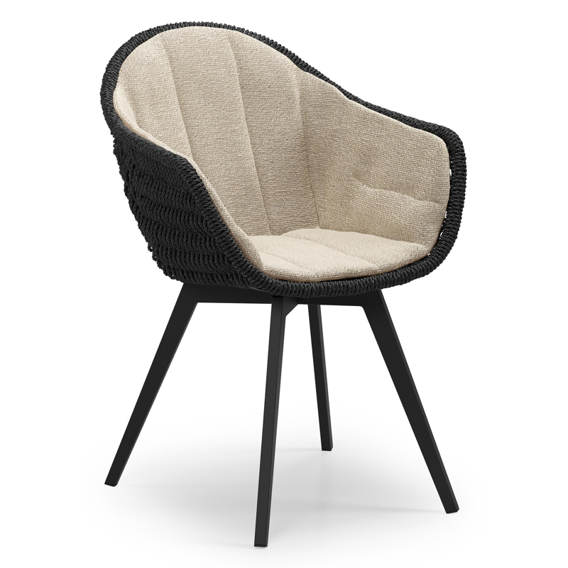 Pagino tuinstoel in zwart aluminium en zwart ronde wicker met zitkussen in All Weather Cosytica Marbella Sand
