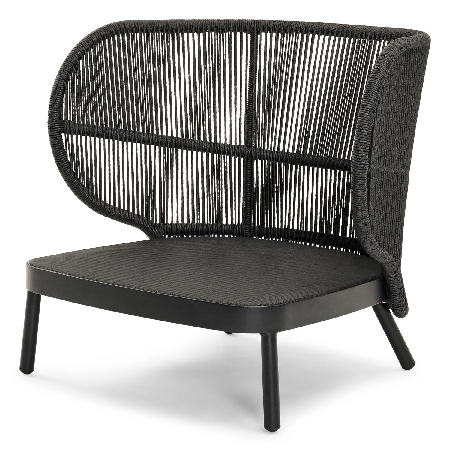 Lugano loungestoel 1-zit in zwart aluminium en zwart gedraaide ronde wicker met catania black all weather cosytica kussen