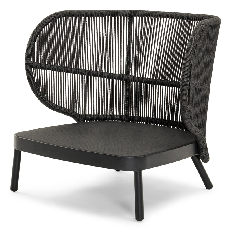Lugano loungestoel 1-zit in zwart aluminium en zwart gedraaide ronde wicker met catania black all weather cosytica kussen