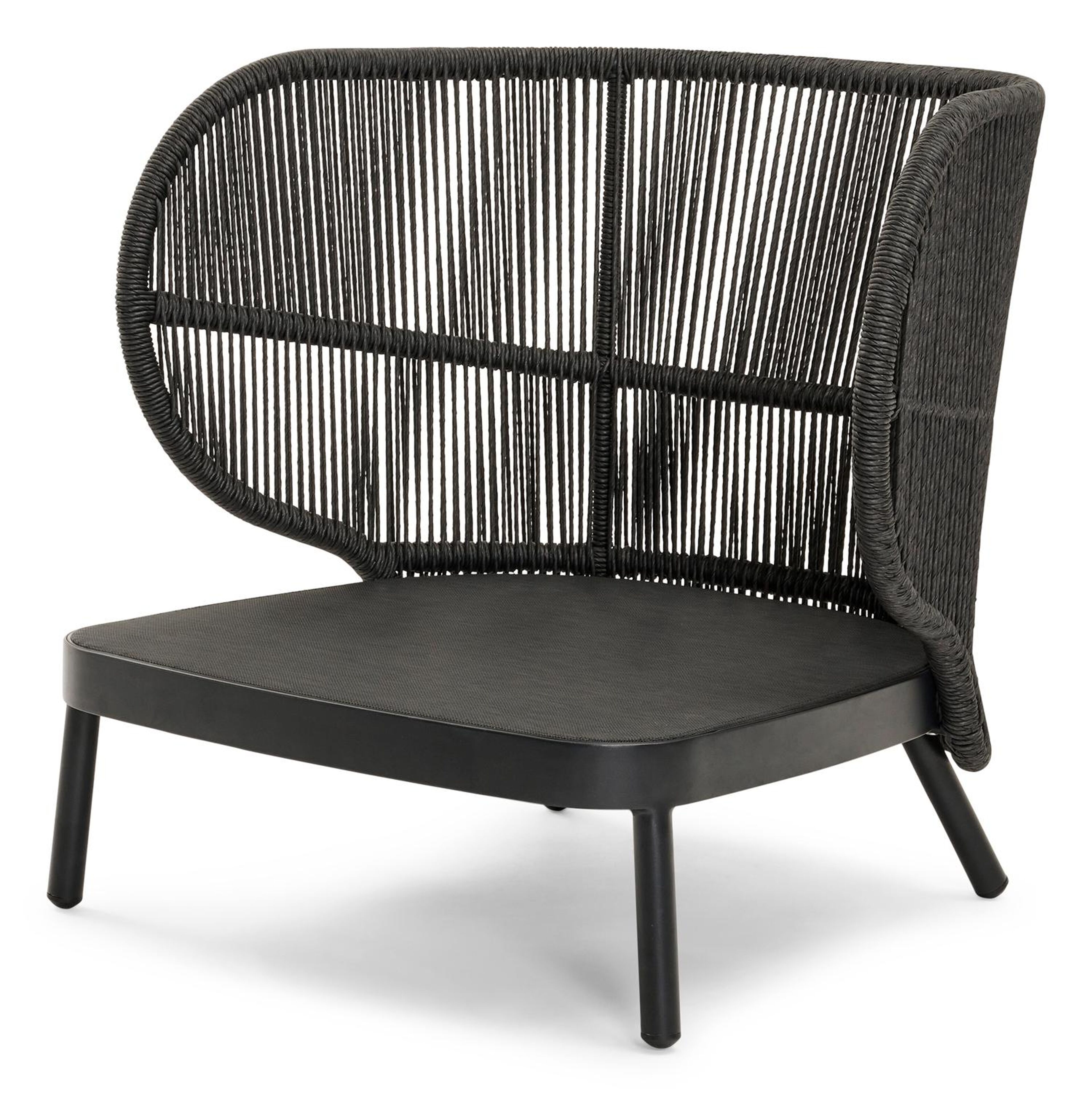 Lugano loungestoel 1-zit in zwart aluminium en zwart gedraaide ronde wicker met catania black all weather cosytica kussen