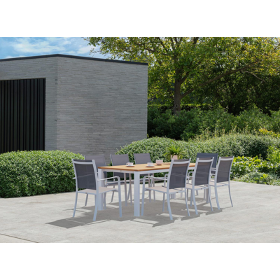 Trente tuinset in wit aluminium en naturel teak tafelblad met 8 stapelbare Calobra tuinstoelen