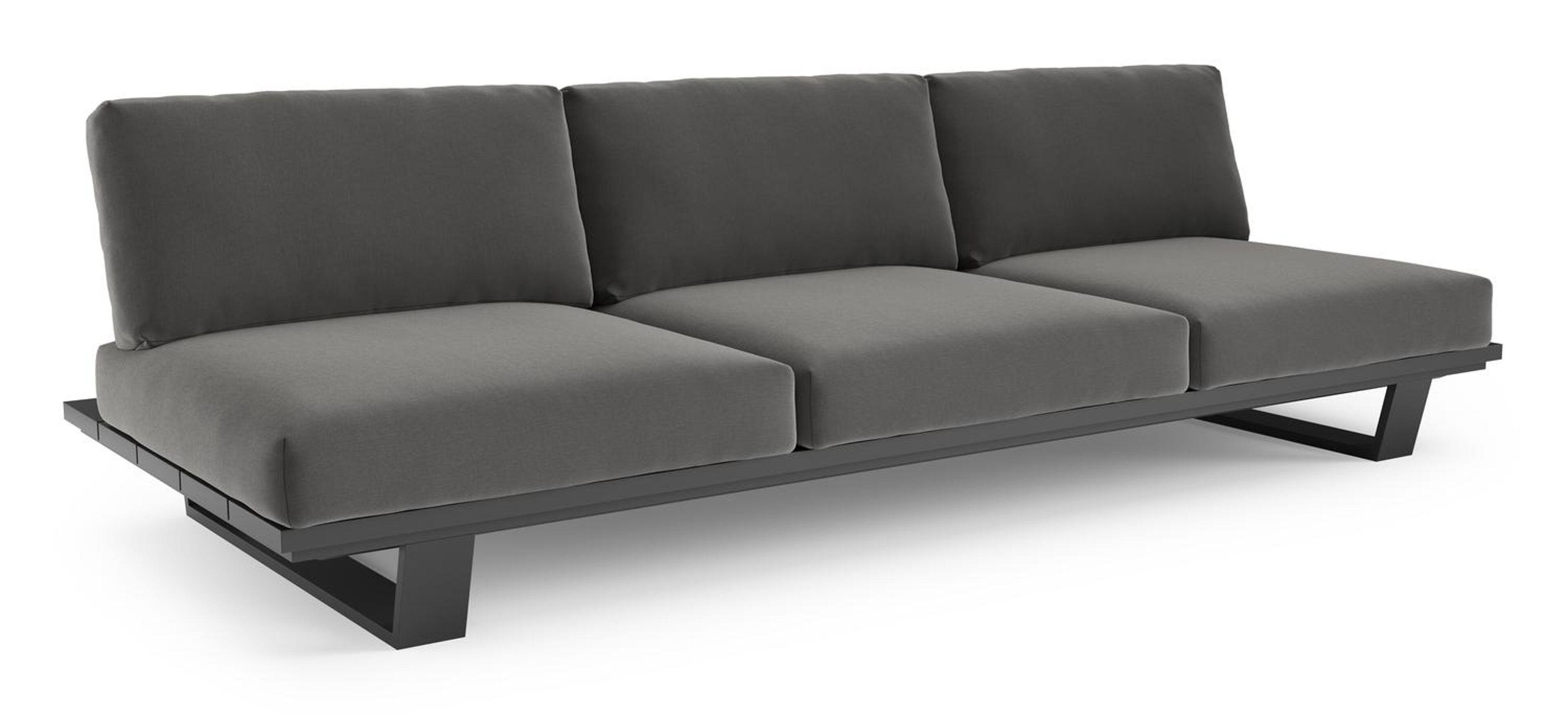 Canapé de jardin Pagino en aluminium noir et coussins en all weather sunbrella® luxe natte charcoal chine