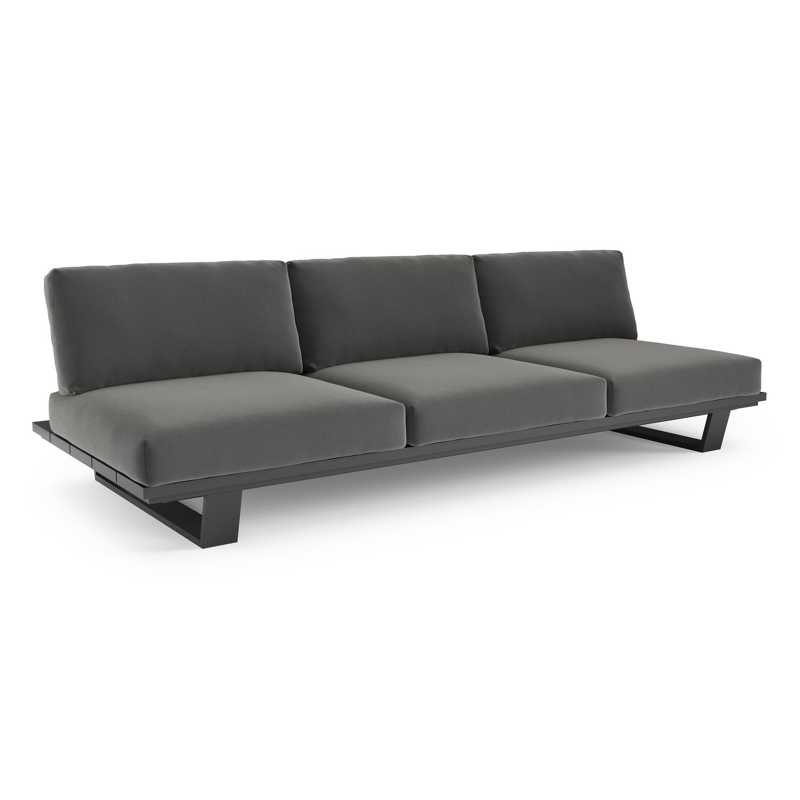 Canapé de jardin Pagino en aluminium noir et coussins en all weather sunbrella® luxe natte charcoal chine