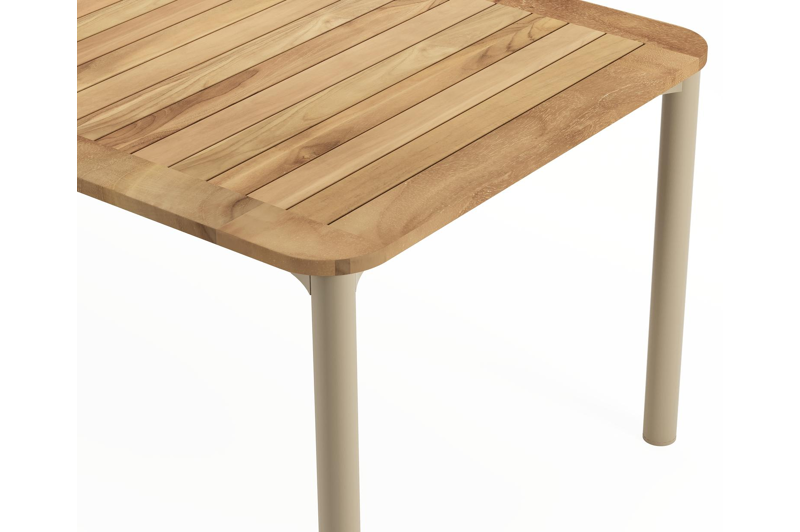 Mira rechthoekige afgeronde tuinset in beige aluminium en teak natural finish met 8 Matera tuinstoelen