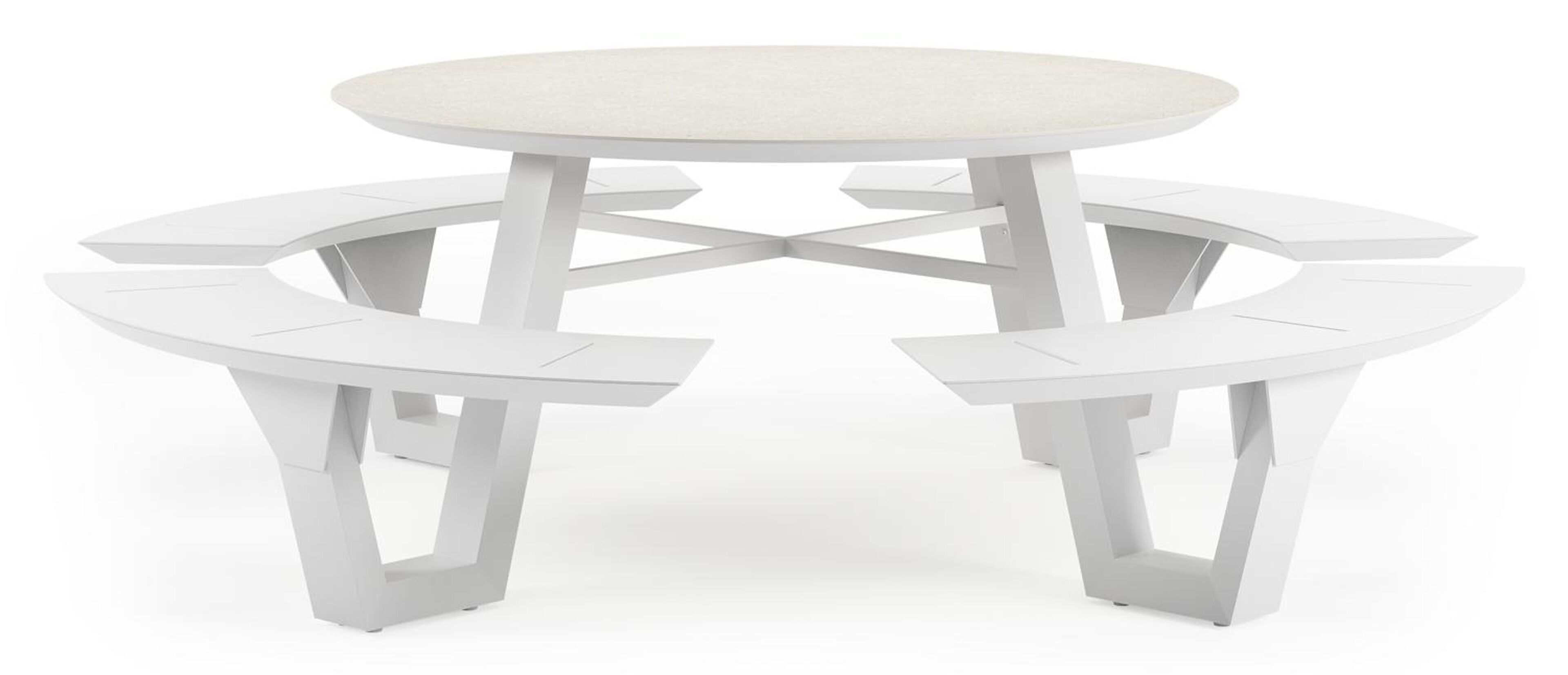 Rondino picknicktafel in wit aluminium en volkeramiek shilin tafelblad - Ø 236 x H 71,5 cm