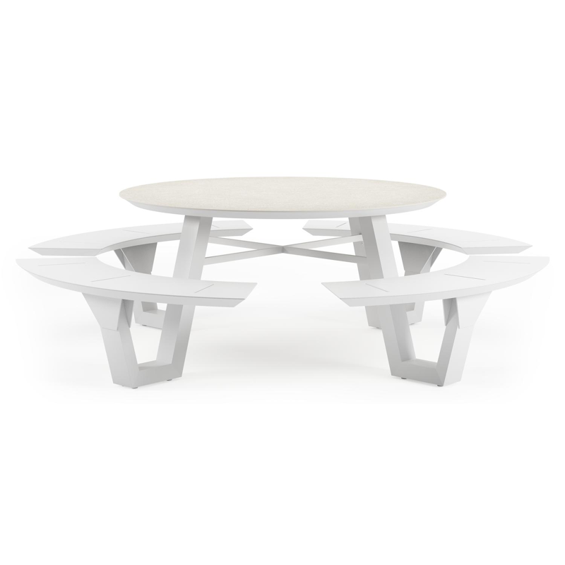 Rondino picknicktafel in wit aluminium en volkeramiek shilin tafelblad - Ø 236 x H 71,5 cm