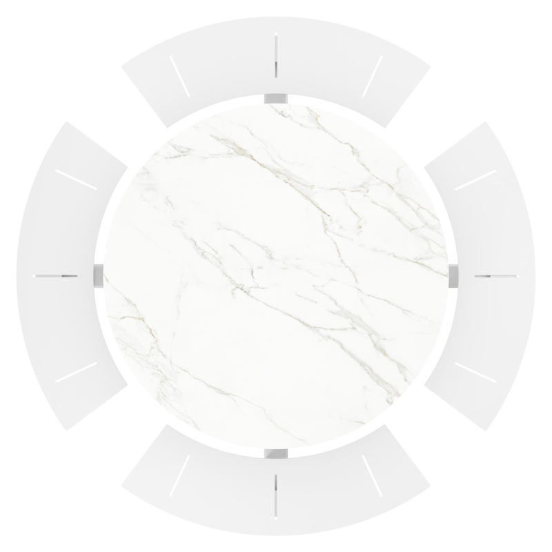 Rondino picknicktafel in wit aluminium en volkeramiek calacatta tafelblad - Ø 236 x H 71,5 cm