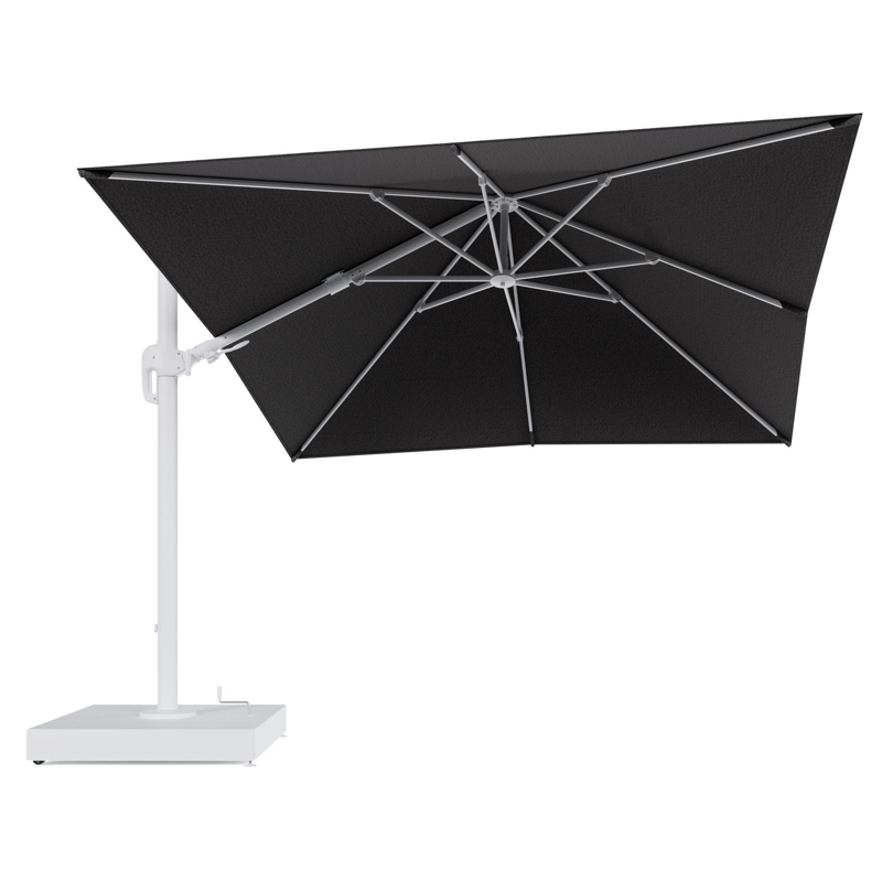Rufina zweefparasol met tiltfunctie in wit aluminium en Firenze Tunder All Weather Solica parasoldoek - L1 300 x L2 300 cm met parasolvoet Minore 260 kg met wielen