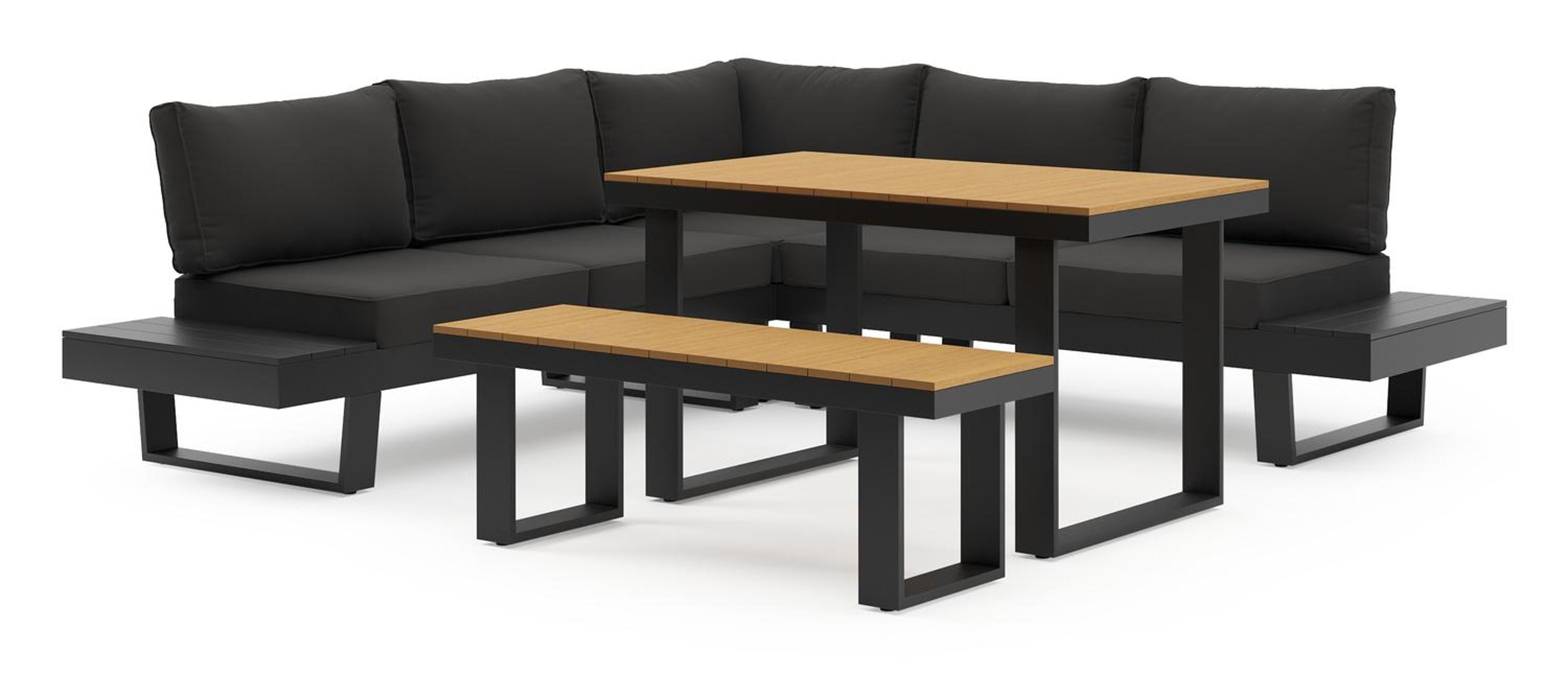 Alora loungehoek in zwart aluminium met zwart weather+ softtouch kussens en loungetafel