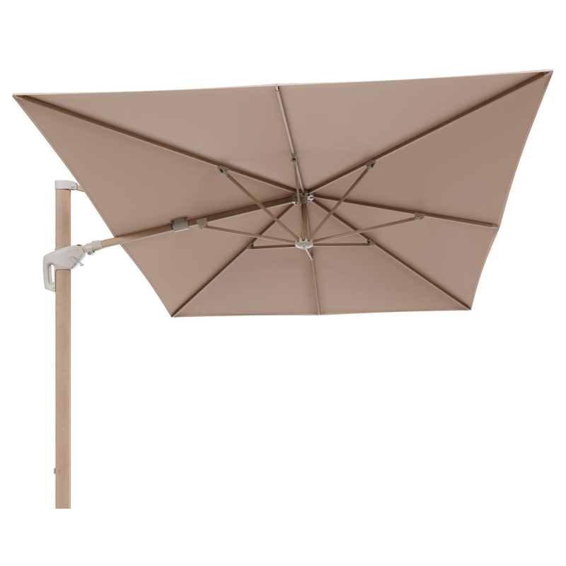 Minore zweefparasol met tiltfunctie in houtlook aluminium en Natte Linen Chalk All Weather Sunbrella® Luxe parasoldoek - L1 400 x L2 300 cm (zonder voet)