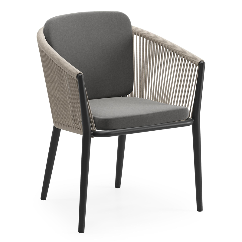Orso tuinstoel in zwart aluminium en beige verticaal geweven ronde rope met kussen in natte charcoal chine all weather sunbrella® luxe