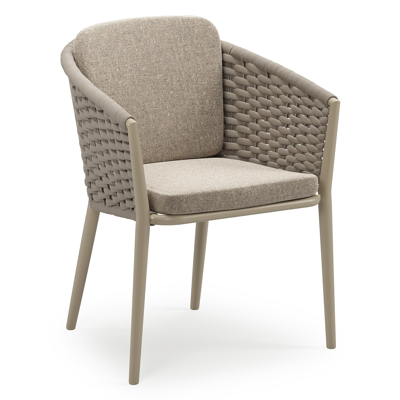 Orso stapelbare tuinstoel in beige aluminium en beige horizontaal geweven ronde rope met stoelkussen in All Weather Sunbrella® Luxe Chartres Pewter