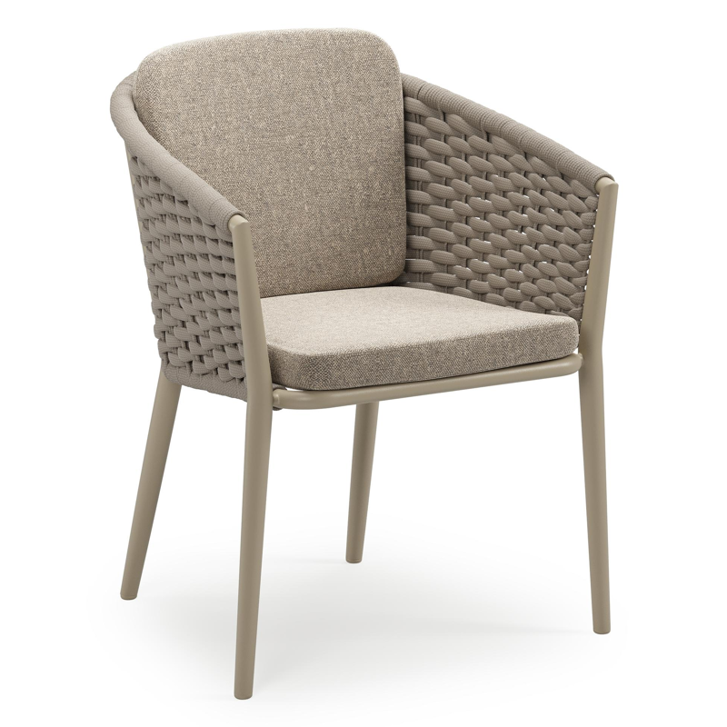 Orso stapelbare tuinstoel in beige aluminium en beige horizontaal geweven ronde rope met stoelkussen in All Weather Sunbrella® Luxe Chartres Pewter