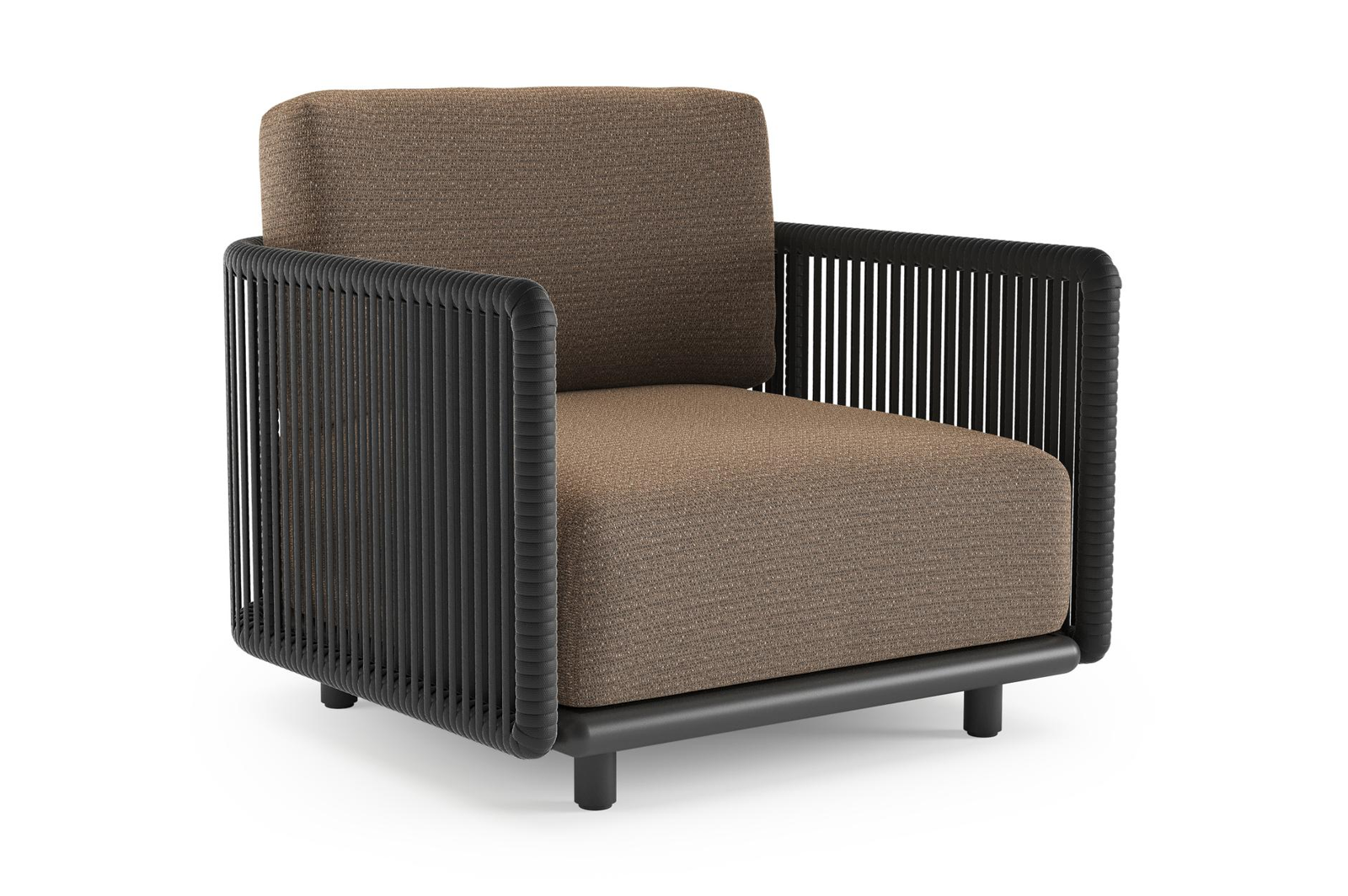 Organo loungestoel in zwart aluminium en zwart verticaal geweven luxe vlakke rope met firenze bamboe all weather Solica kussen