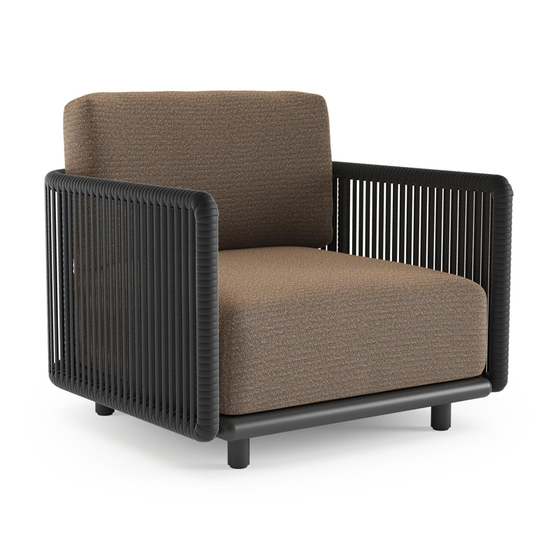 Organo loungestoel in zwart aluminium en zwart verticaal geweven luxe vlakke rope met firenze bamboe all weather Solica kussen