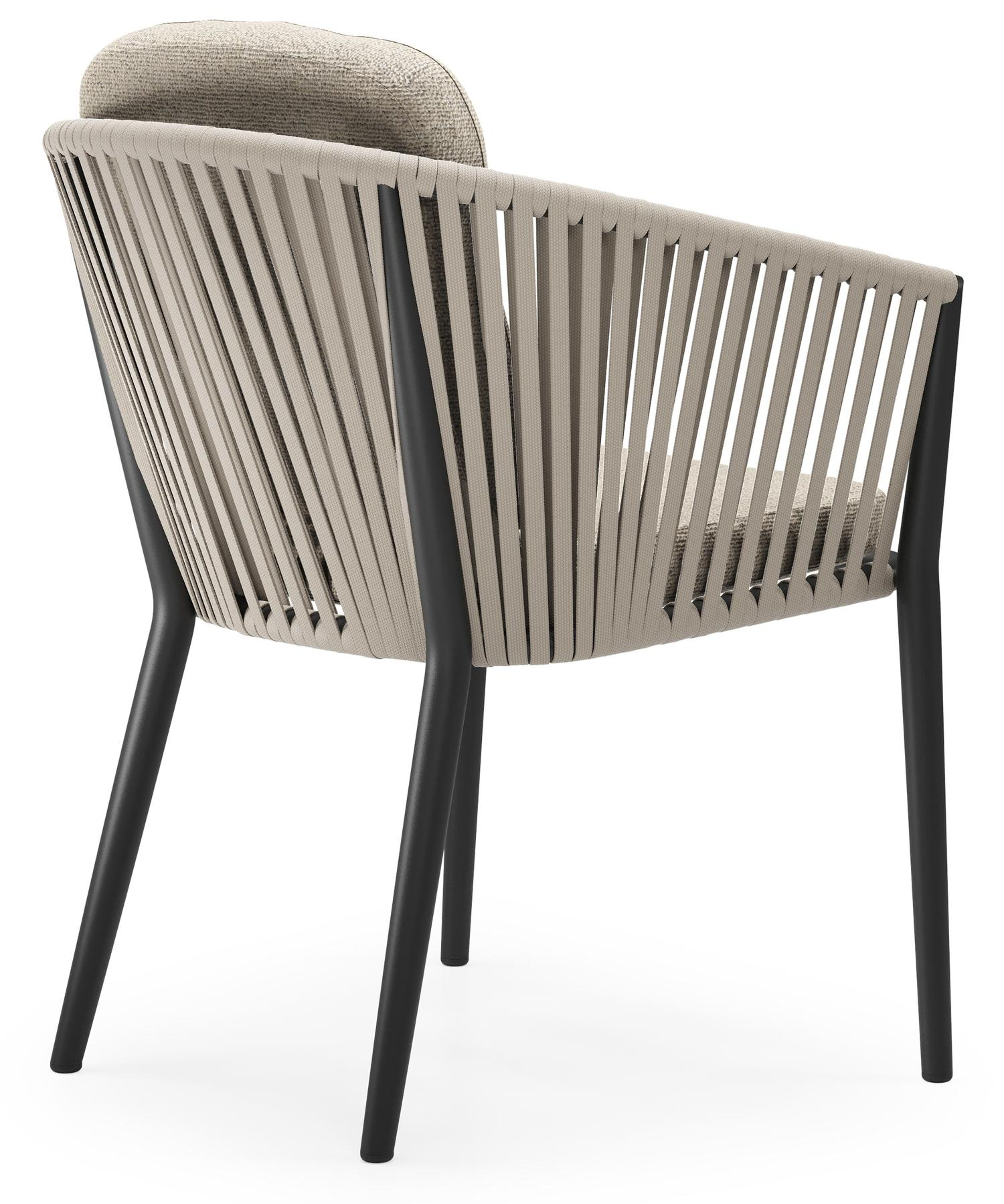 Orso tuinstoel in zwart aluminium en beige verticaal geweven vlakke rope met luxe zitkussen in All Weather Cosytica Marbella Beige