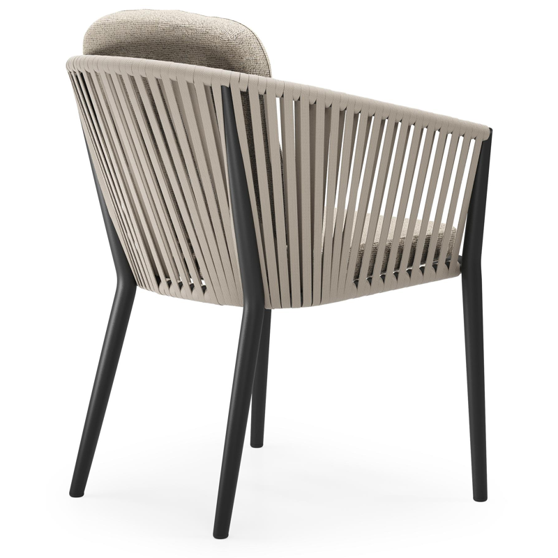 Orso tuinstoel in zwart aluminium en beige verticaal geweven vlakke rope met luxe zitkussen in All Weather Cosytica Marbella Beige