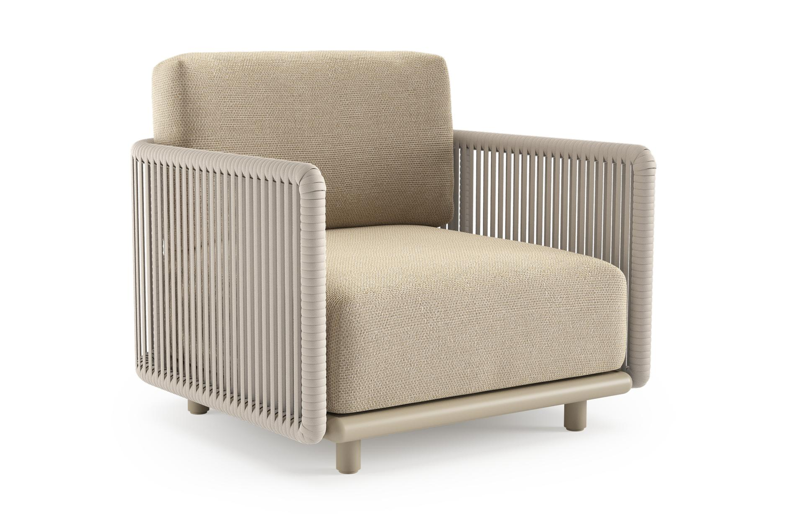 Organo loungestoel in beige aluminium en beige verticaal geweven luxe vlakke rope met althea camel all weather Cosytica kussen