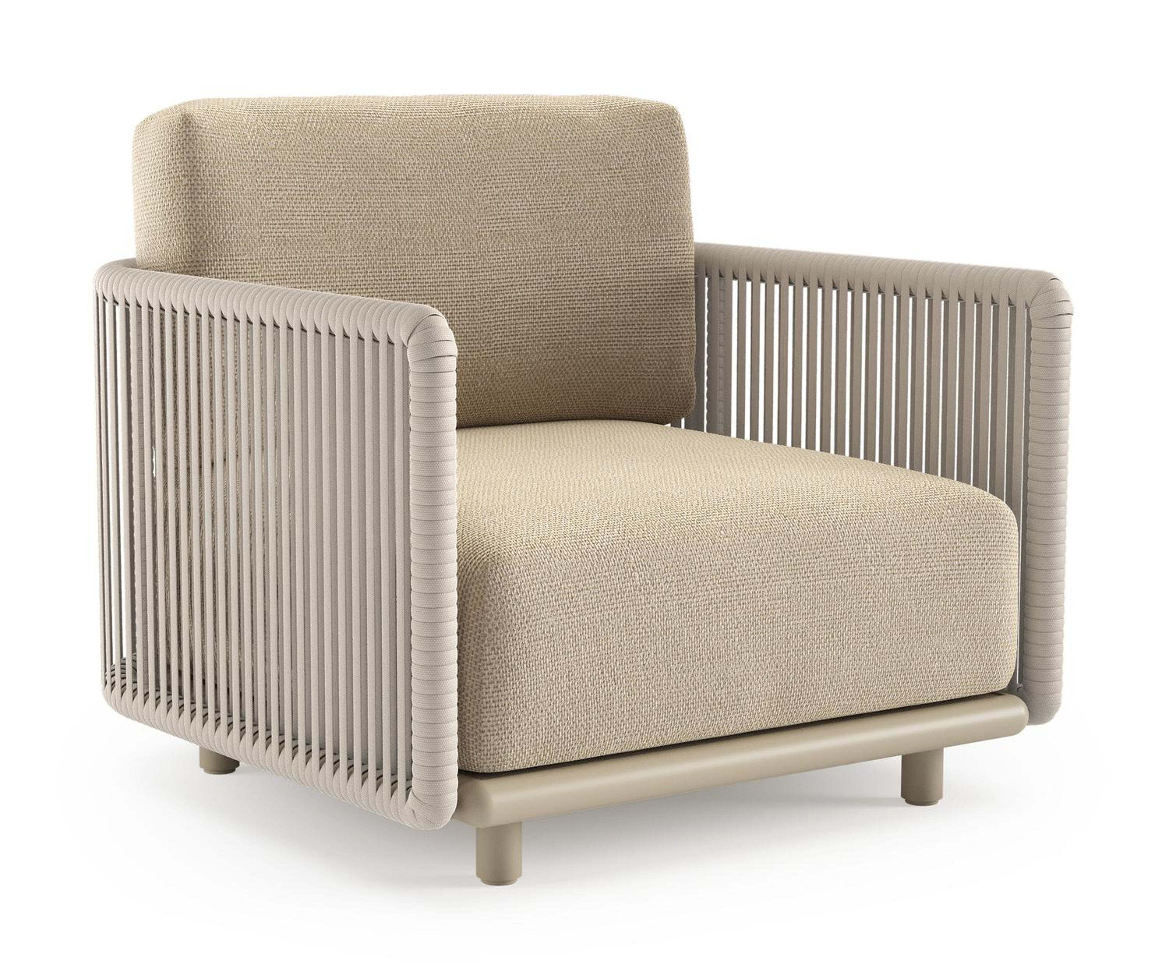 Organo loungestoel in beige aluminium en beige verticaal geweven luxe vlakke rope met althea camel all weather Cosytica kussen