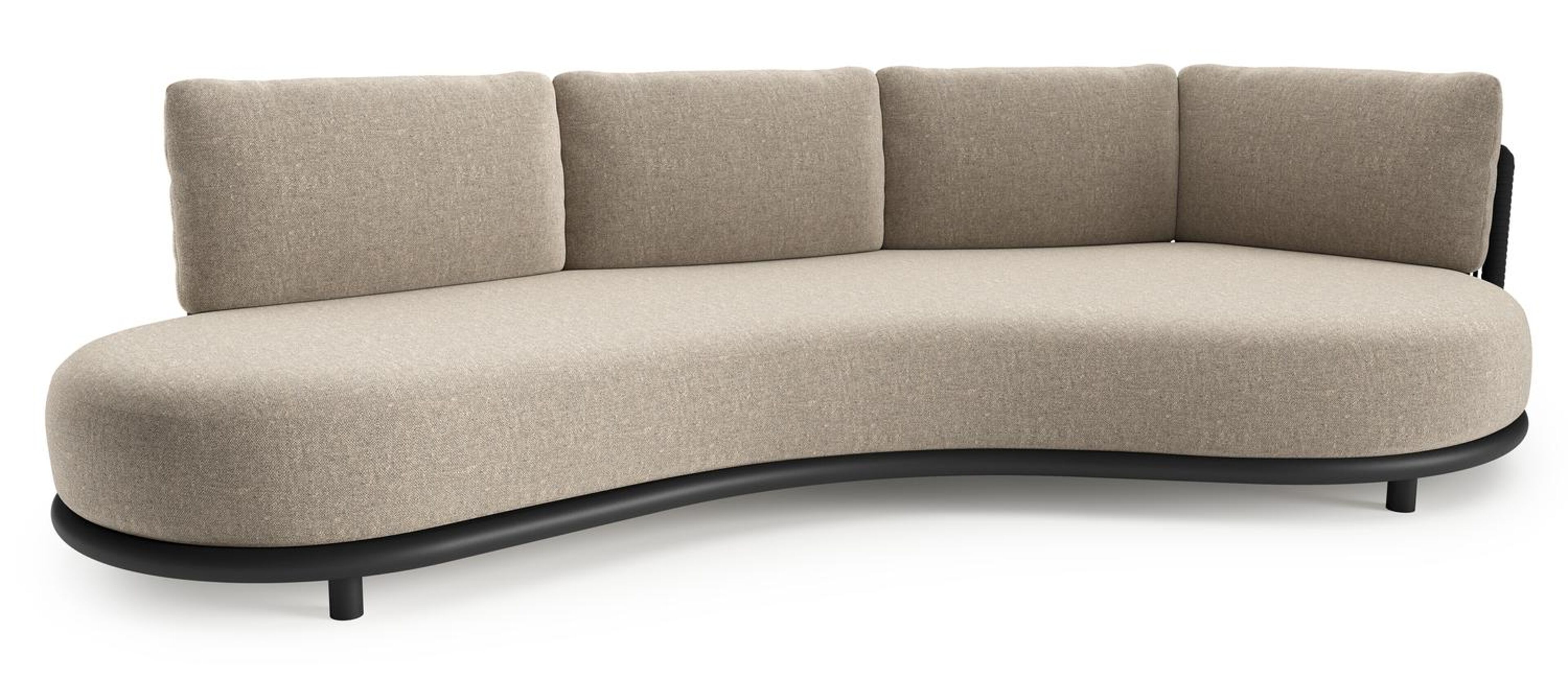 Lomano loungebank in zwart aluminium en zwart verticaal geweven luxe vlakke rope met chartres pewter all weather sunbrella® luxe kussen