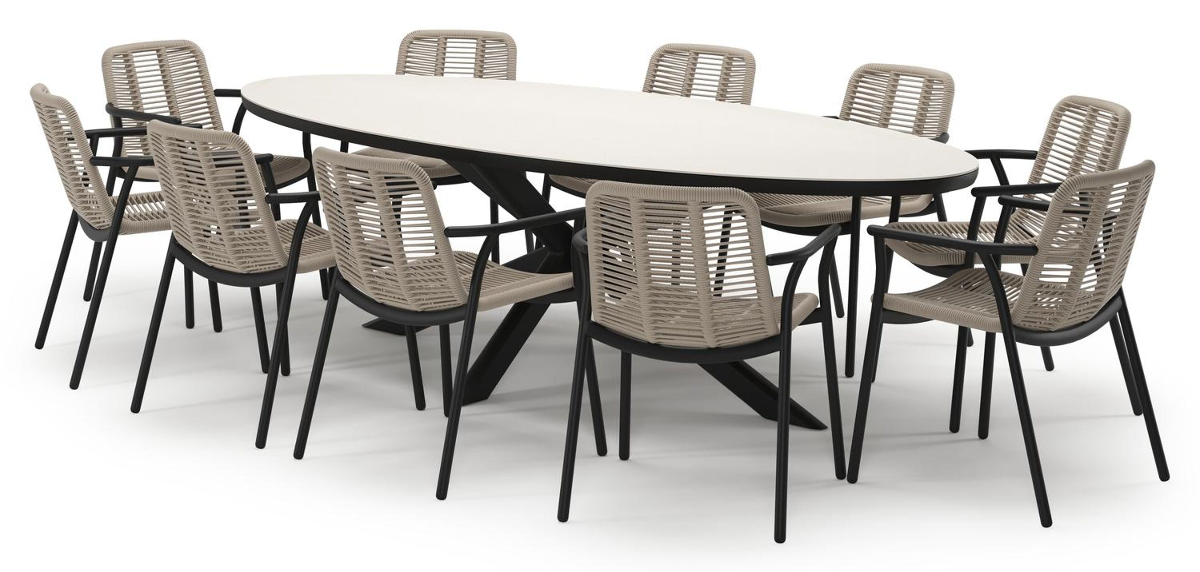 Pamplona tuinset in zwart aluminium en crema minerale sintered stone met 10 stapelbare Berga tuinstoelen