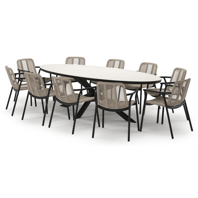 Pamplona tuinset in zwart aluminium en crema minerale sintered stone met 10 stapelbare Berga tuinstoelen