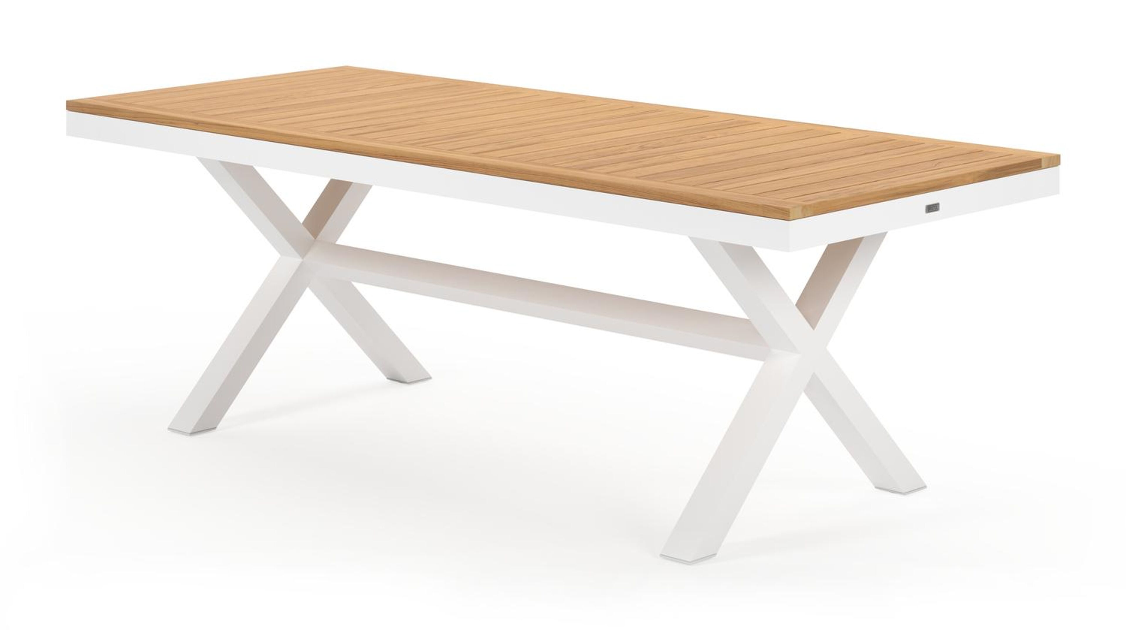 Table de jardin Reza rectangulaire en aluminium blanc et teck - Lg. 220 x Lrg. 92 x Haut. 73,5 cm