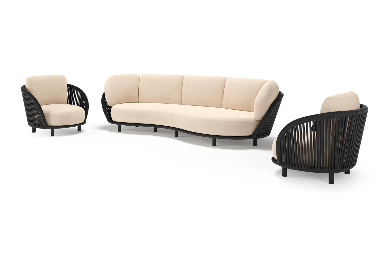 Lupino loungeset in zwart aluminium en zwart verticaal geweven luxe vlakke brede rope met heritage papyrus all weather sunbrella® luxe kussen