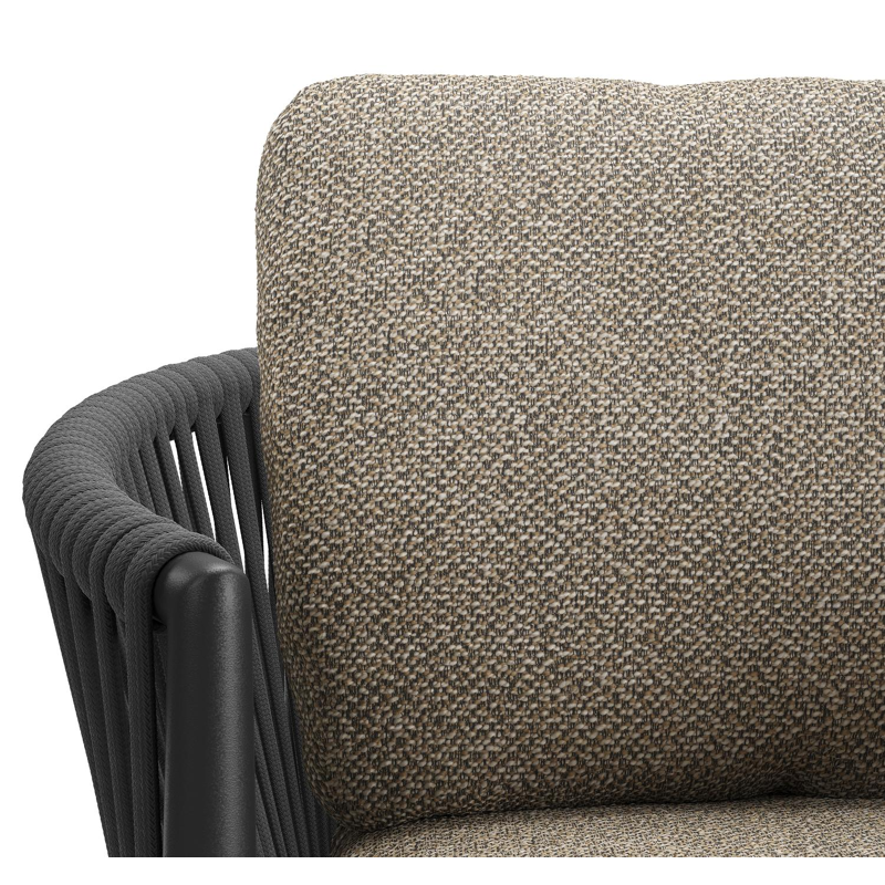 Organo tuinstoel in zwart aluminium en zwart verticaal geweven luxe vlakke rope met kussen in madagascar burch all weather cosytica