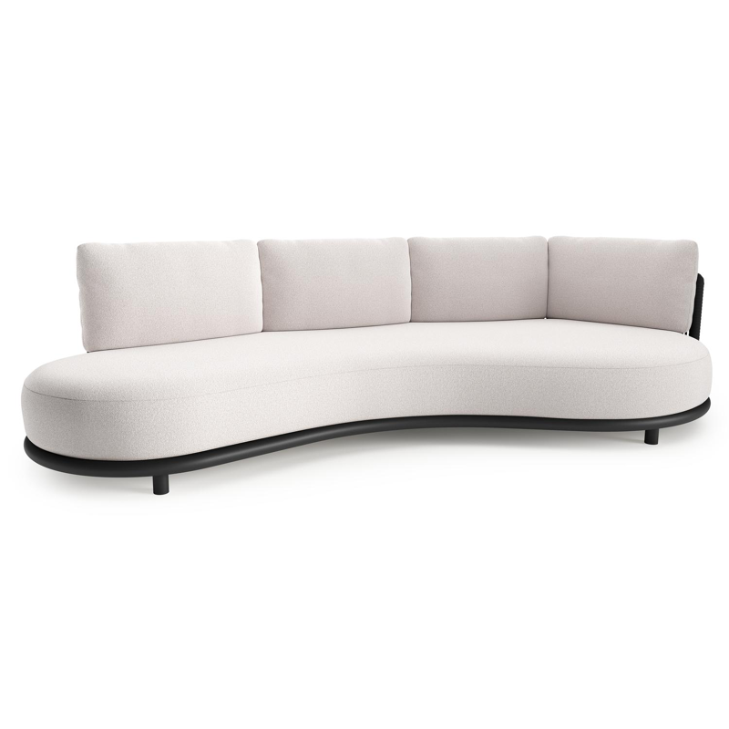 Lomano loungebank in zwart aluminium en zwart verticaal geweven luxe vlakke rope met ego eggshell all weather solica kussen