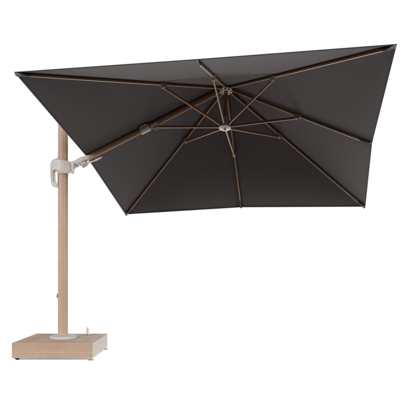 Rufina zweefparasol met tiltfunctie in houtlook aluminium en Natte Nature Grey All Weather Sunbrella® Luxe parasoldoek - L1 300 x L2 300 cm met parasolvoet Minore 150 kg met wielen