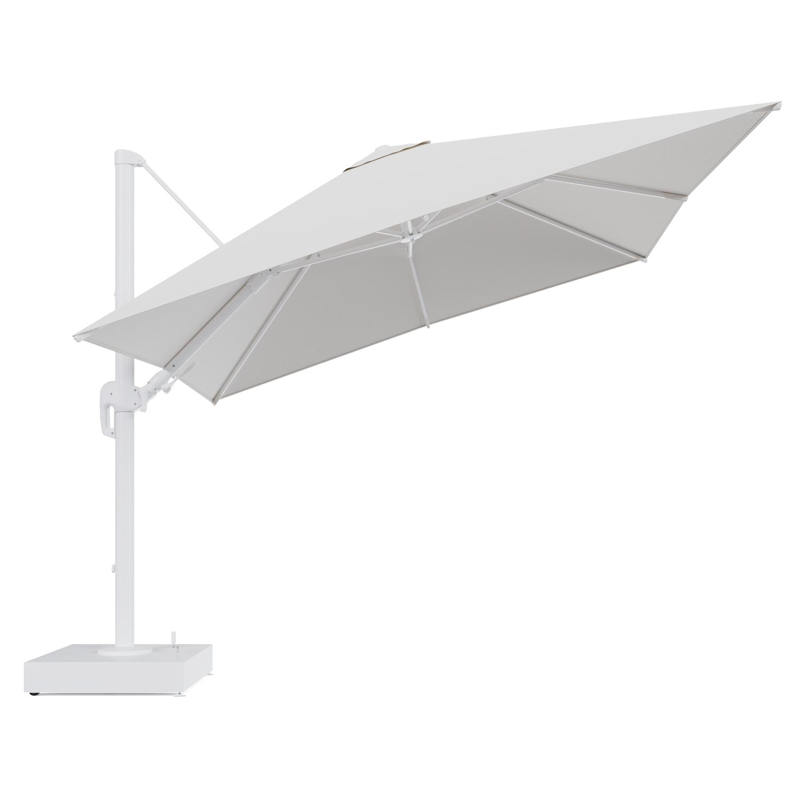 Rufina zweefparasol met tiltfunctie in wit aluminium en Soul Optik All Weather Solica parasoldoek - L1 300 x L2 300 cm met parasolvoet Minore 150 kg met wielen