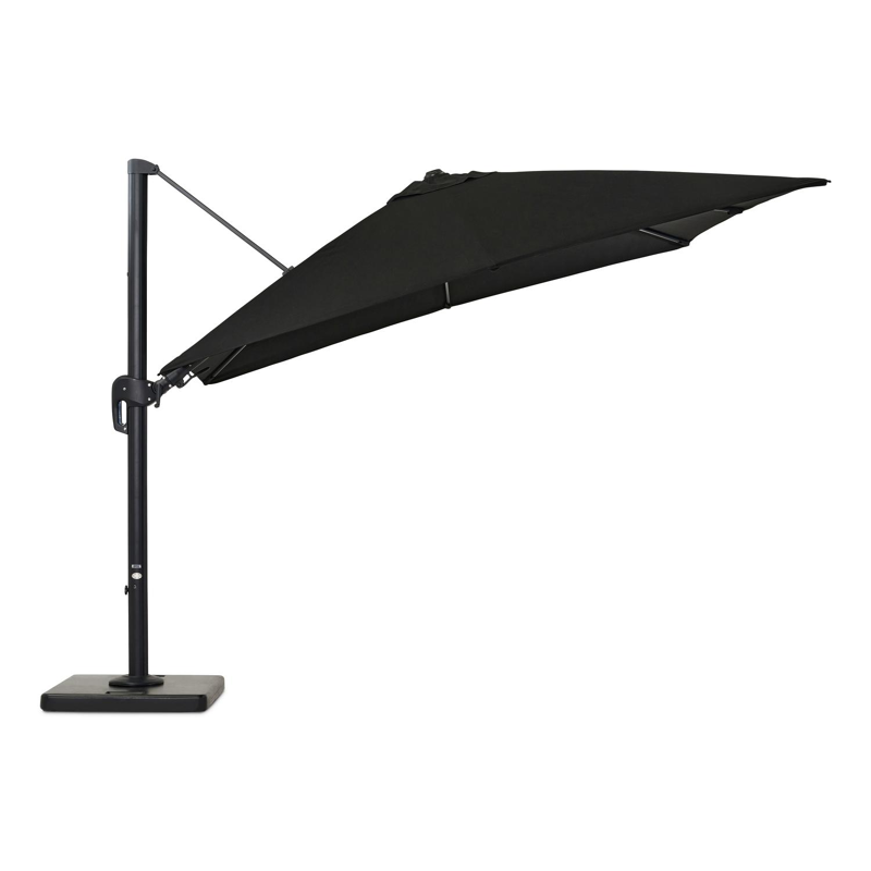 Rufina zweefparasol met tiltfunctie in zwart aluminium met zwart all weather sunbrella® premium parasoldoek - L1: 300 x L2: 300 cm (met voet)