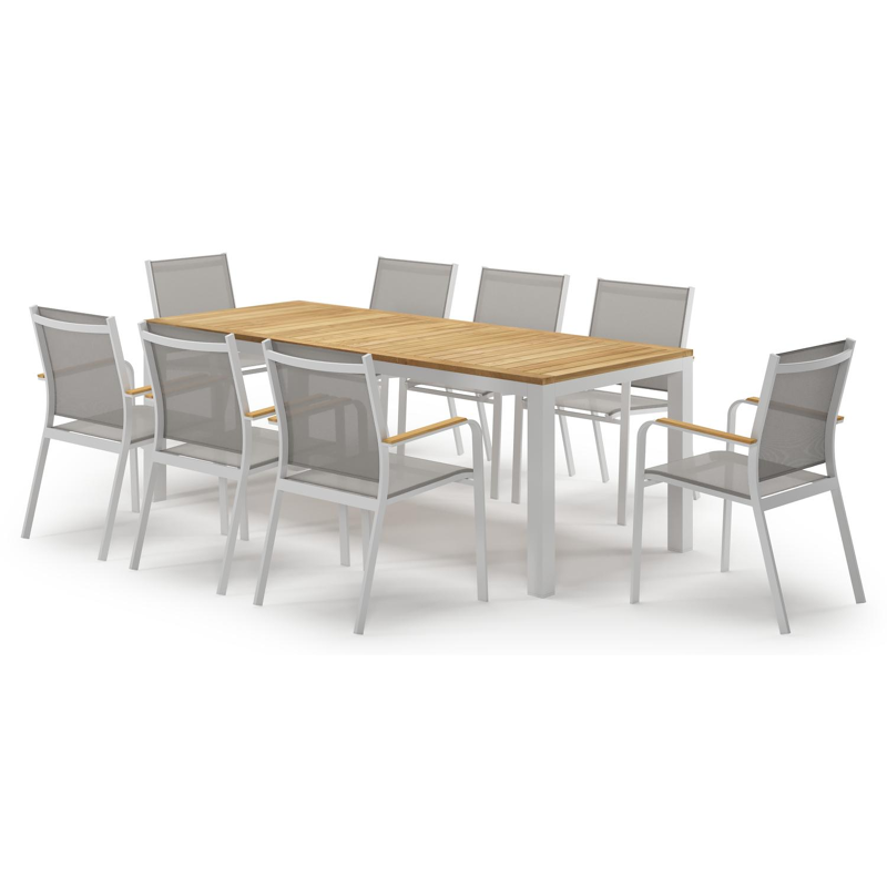 Varese tuinset in wit aluminium en teak met 8 Amalfi tuinstoelen