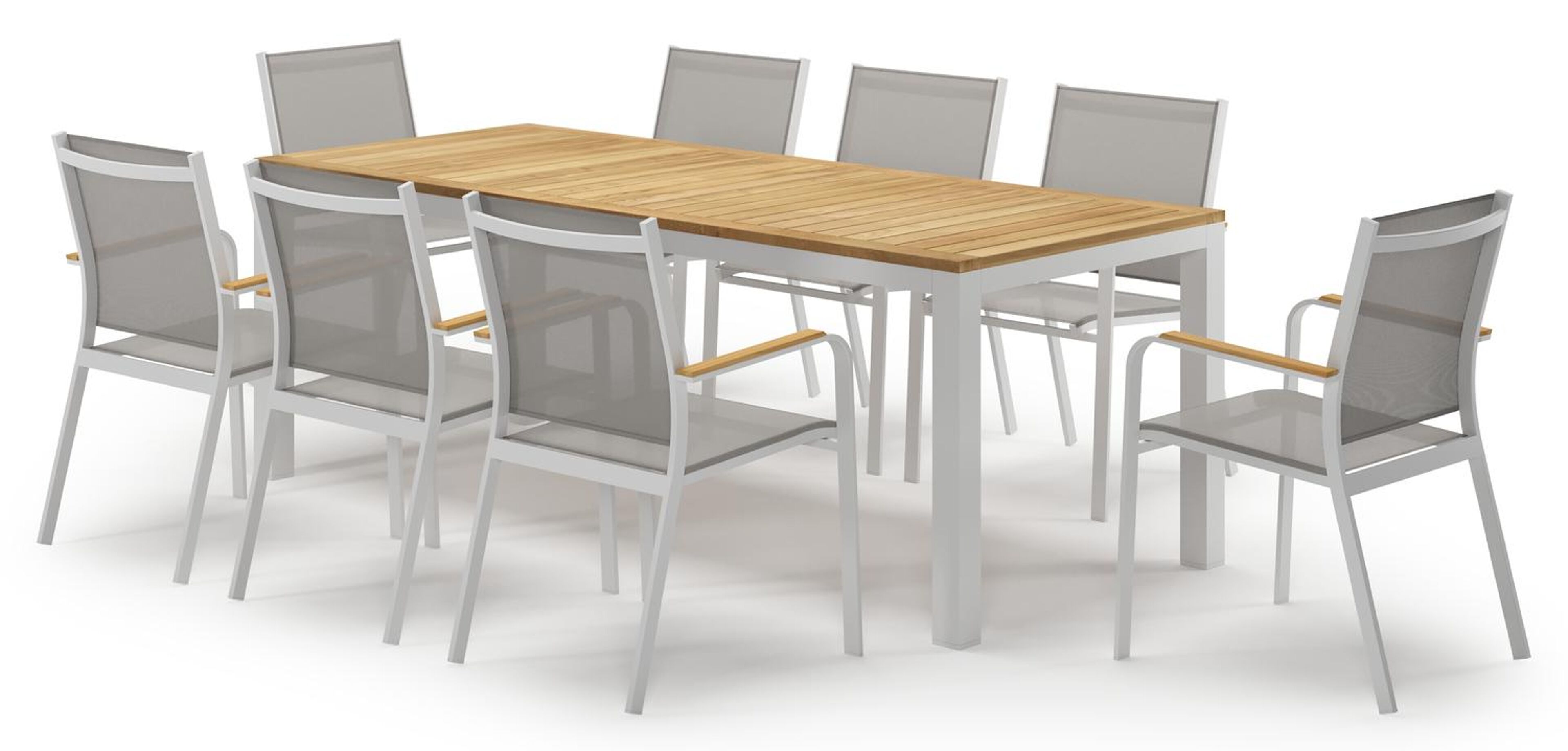 Varese tuinset in wit aluminium en teak met 8 Amalfi tuinstoelen