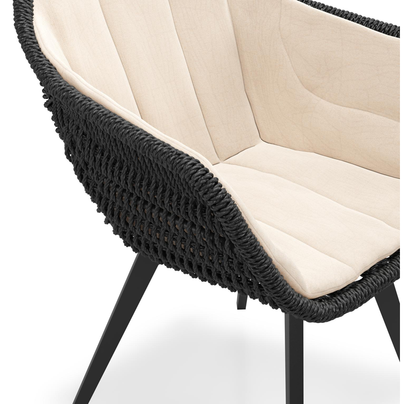 Pagino tuinstoel in zwart aluminium en zwart ronde wicker met zitkussen in All Weather Sunbrella® Luxe Natte Linen Chalk