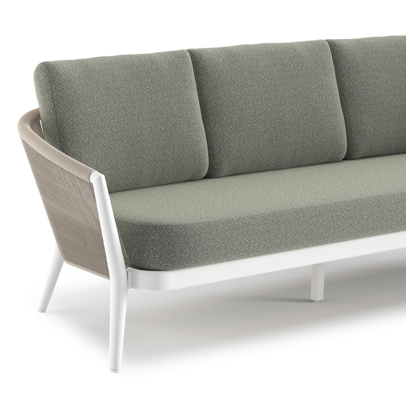 Canapé de jardin Orso en aluminium blanc en corde ronde tissée verticalement beige et coussins en all weather sunbrella® luxe Savane Leaf