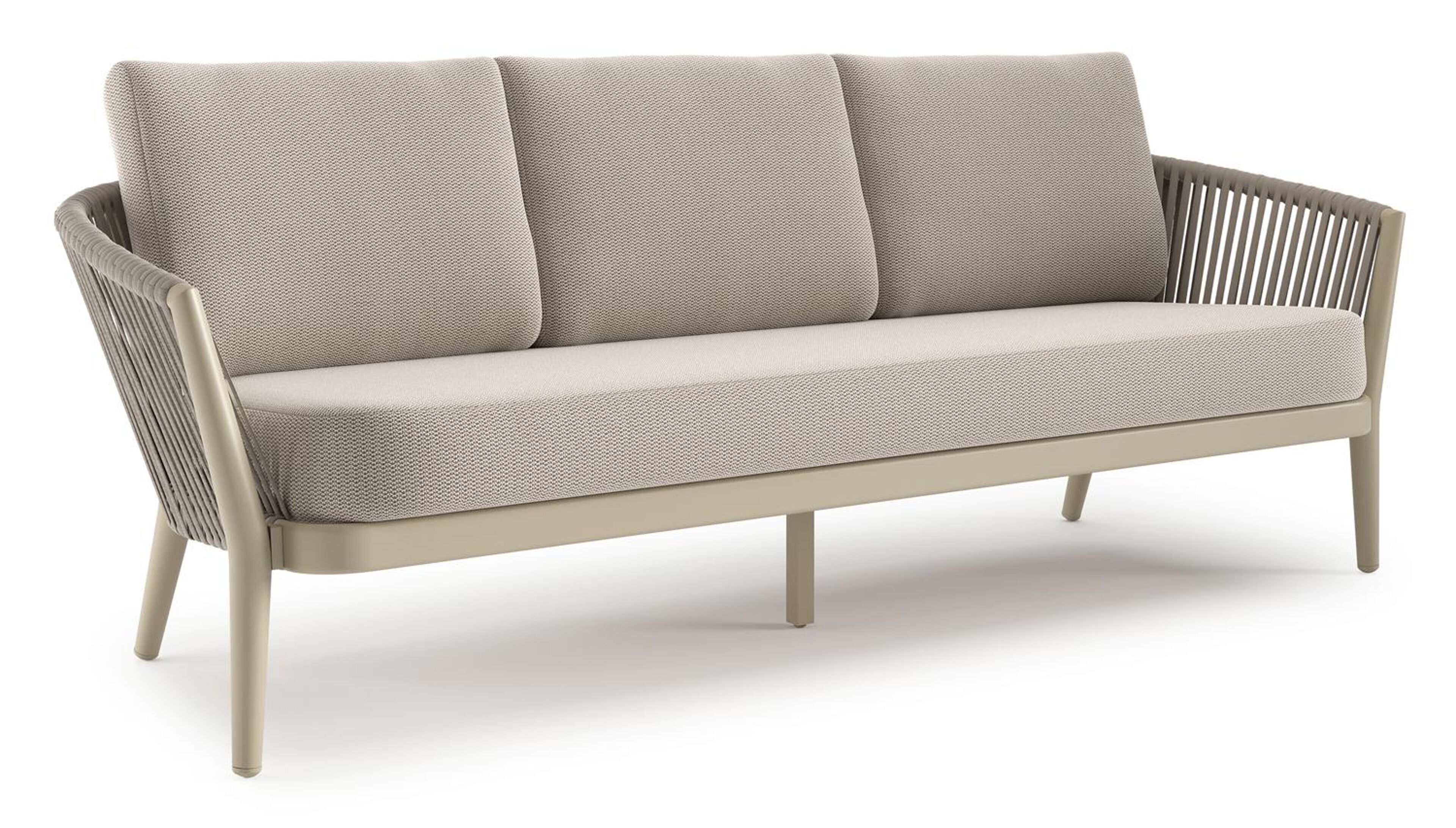 Orso loungebank in beige aluminium en beige verticaal geweven luxe vlakke rope met Lopi Fossil all weather sunbrella® luxe kussen