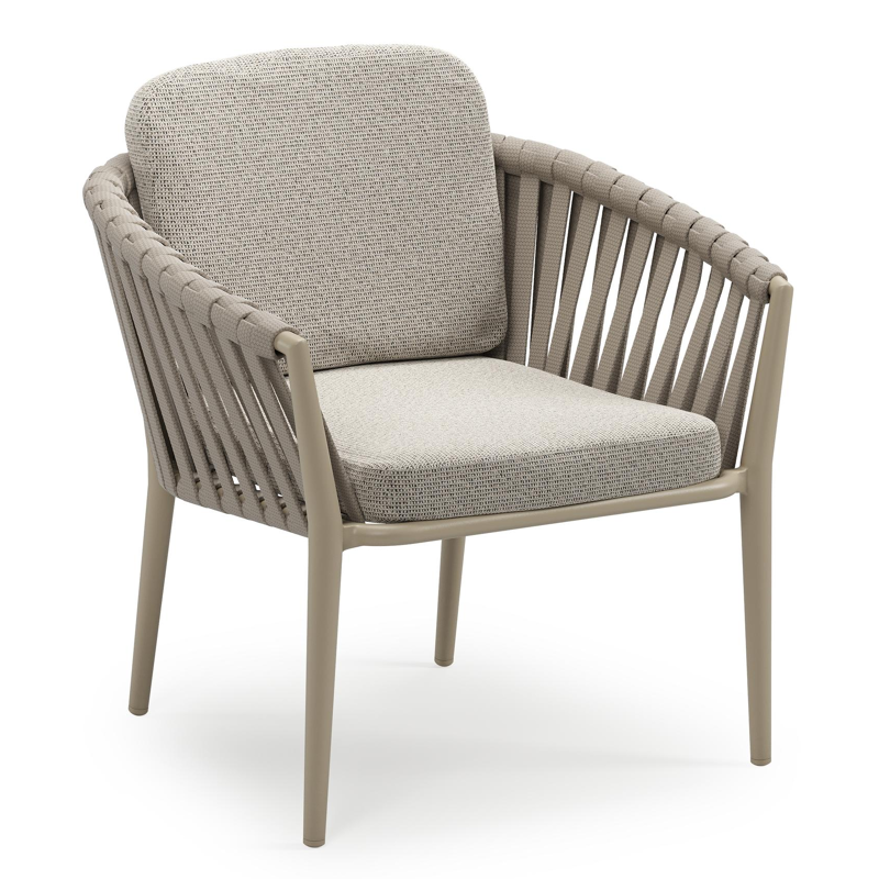 Orso low dining tuinstoel in beige aluminium en beige verticaal geweven luxe vlakke brede rope met stoelkussen in All Weather Solica Firenze Sand