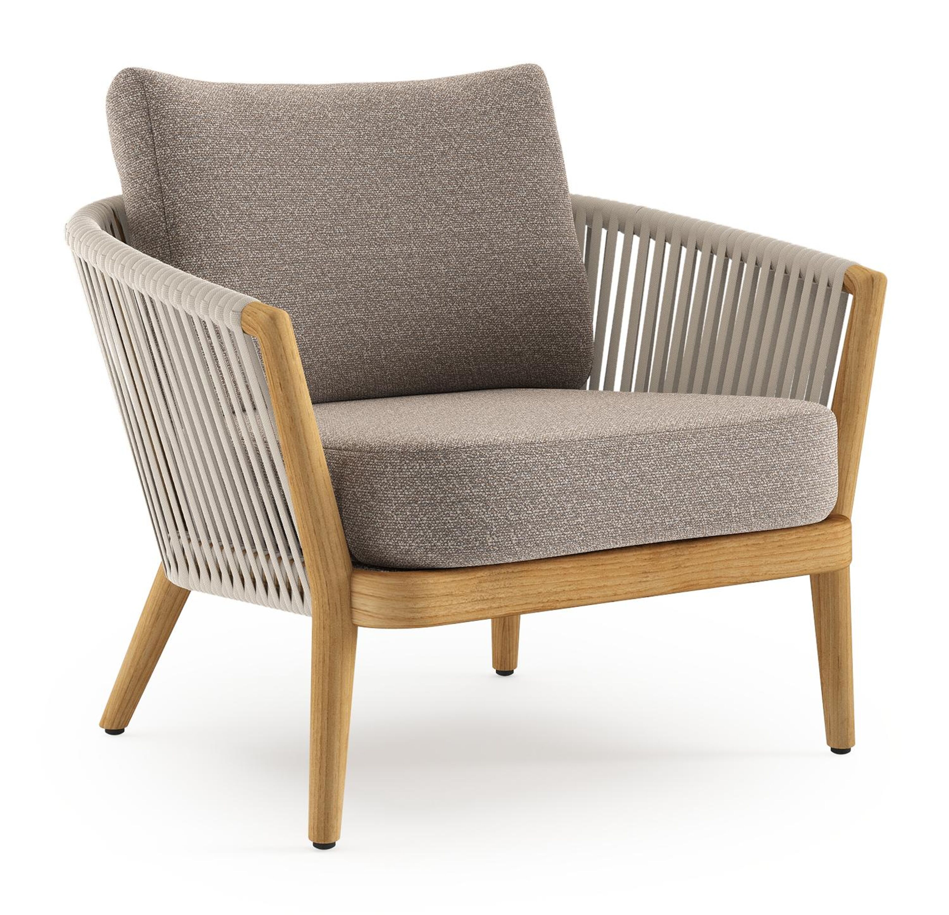 Orso loungestoel in teak en beige verticaal geweven luxe vlakke rope met Wander Manioc all weather sunbrella® luxe kussen