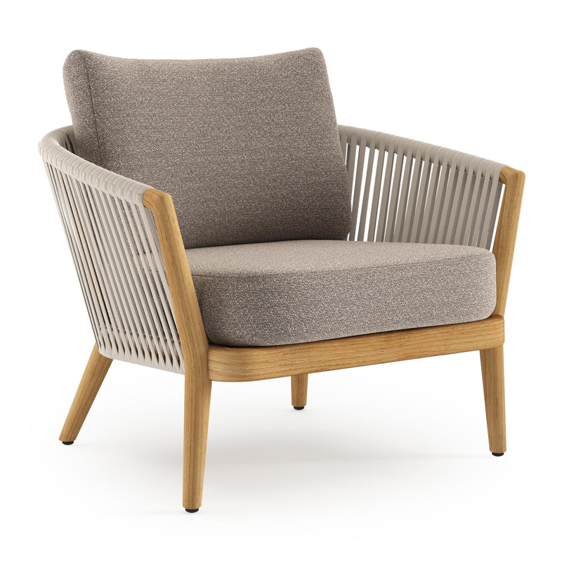 Orso loungestoel in teak en beige verticaal geweven luxe vlakke rope met Wander Manioc all weather sunbrella® luxe kussen