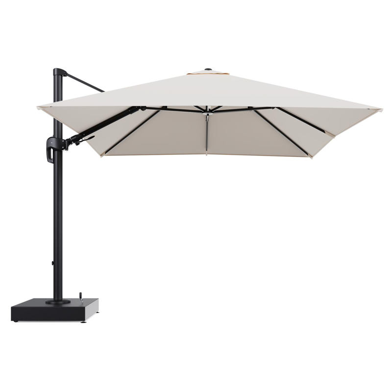 Rufina zweefparasol met tiltfunctie in zwart aluminium en Natte Linen Chalk All Weather Sunbrella® Luxe parasoldoek - L1 300 x L2 300 cm met parasolvoet Minore 150 kg met wielen