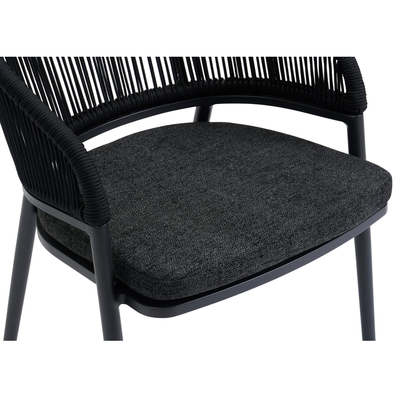 Lacrima tuinstoel in zwart aluminium en zwart verticaal geweven ronde rope met kussen in chartres sooty all weather sunbrella® luxe