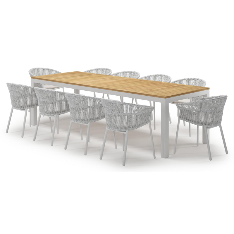 Varese tuinset in wit aluminium en teak met 10 Matera tuinstoelen