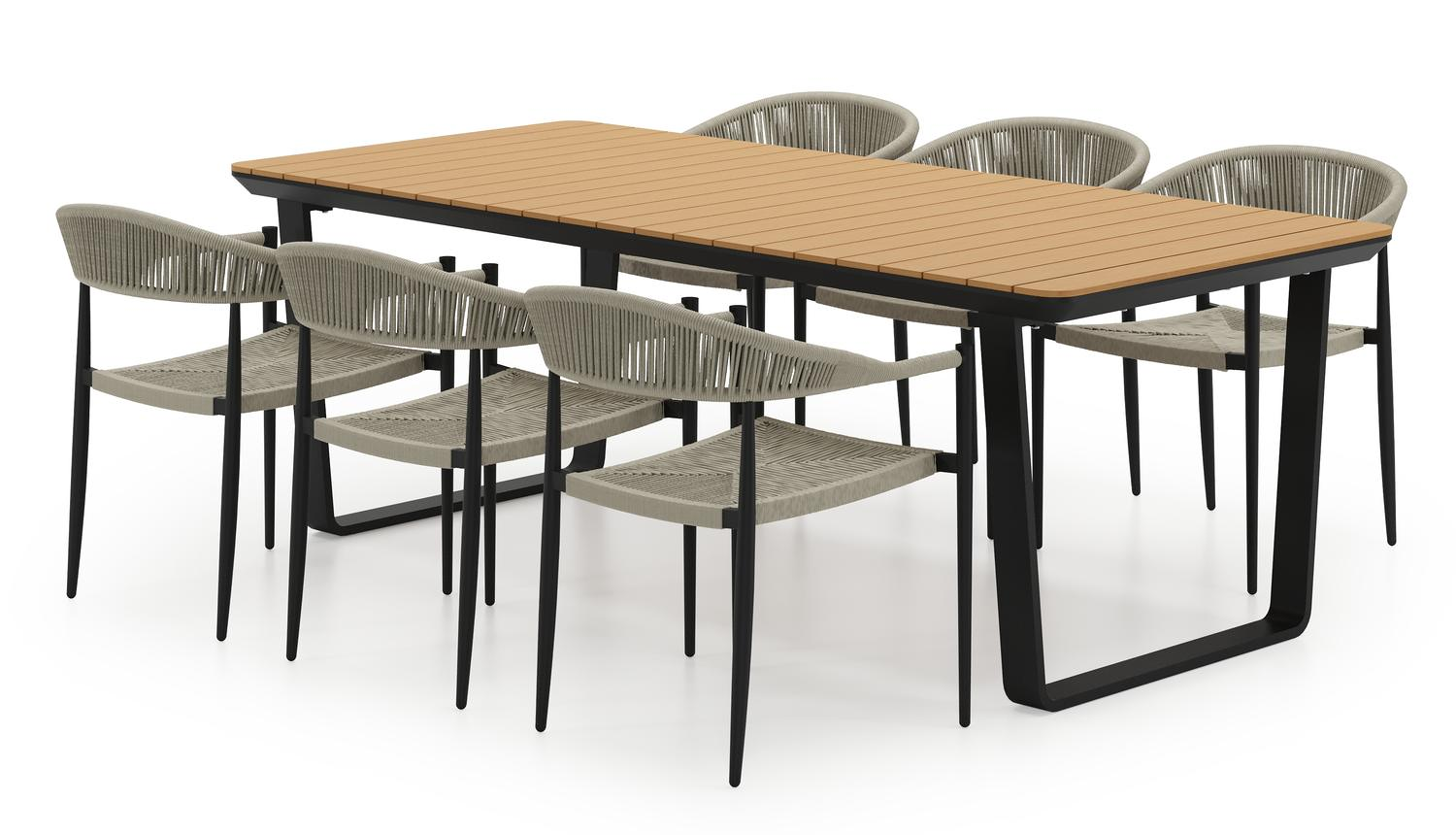 Ensemble de jardin Alora en aluminium noir et polywood avec 6 chaises de jardin empilable Guarda