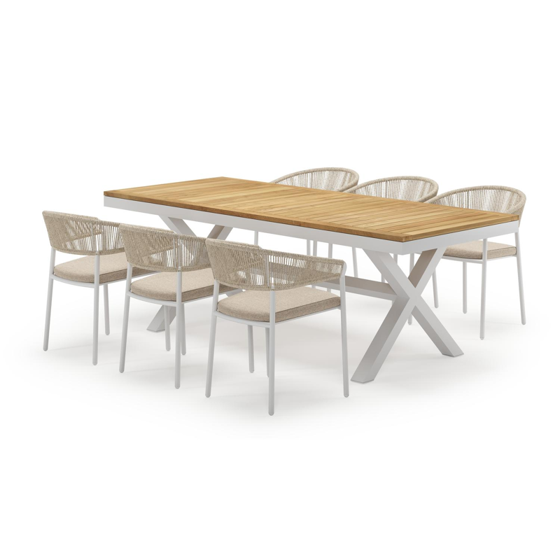 Reza rechthoekige tuinset in wit aluminium en teak natural finish met 6 Zamora tuinstoelen