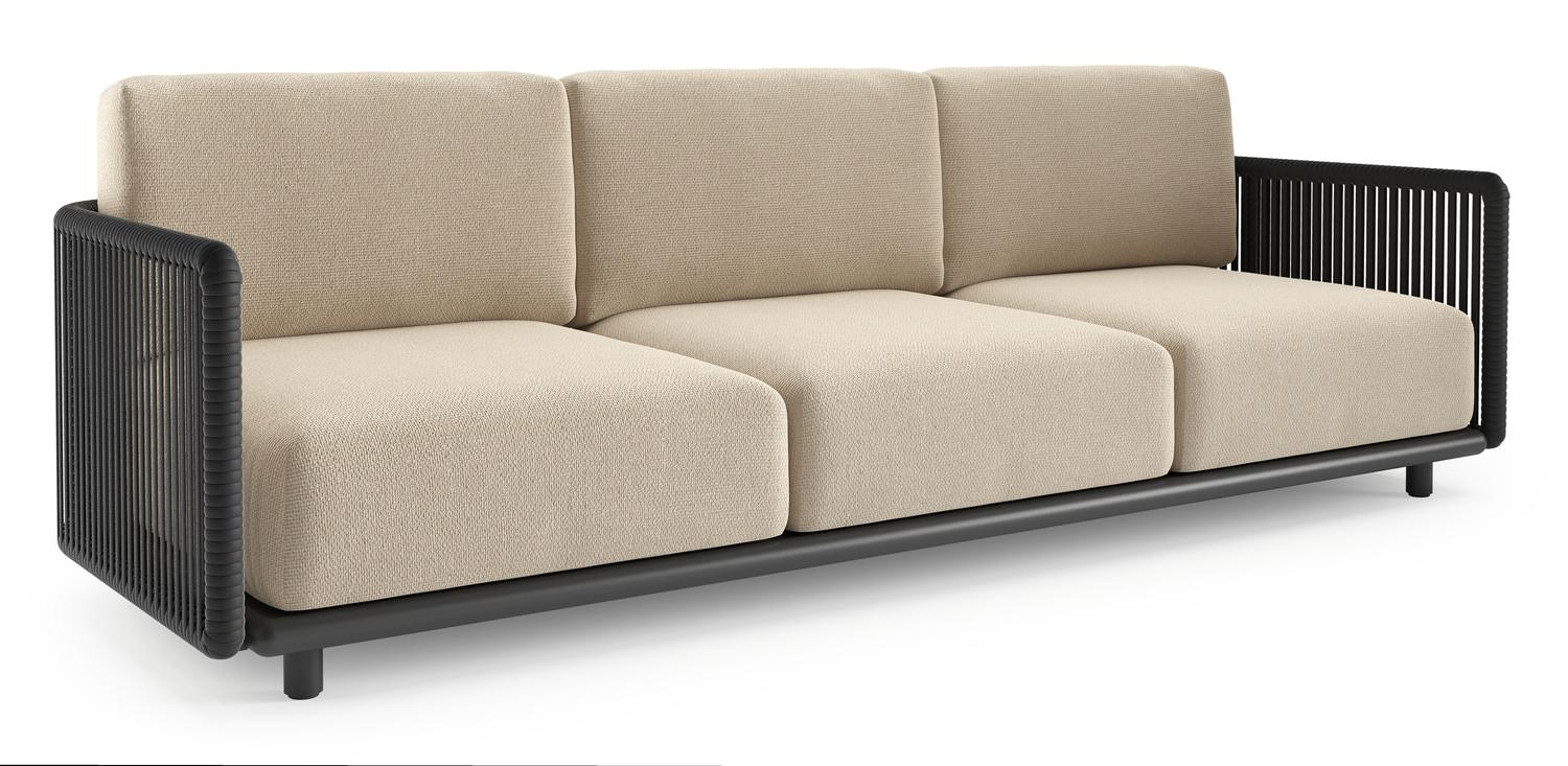 Organo loungebank in zwart aluminium en zwart verticaal geweven luxe vlakke rope met althea chalk all weather Cosytica kussen