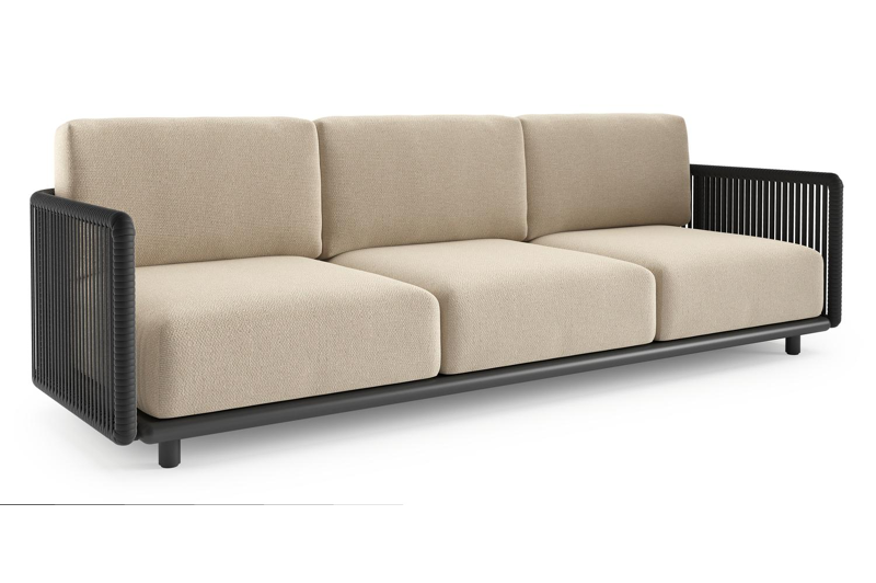 Organo loungebank in zwart aluminium en zwart verticaal geweven luxe vlakke rope met althea chalk all weather Cosytica kussen