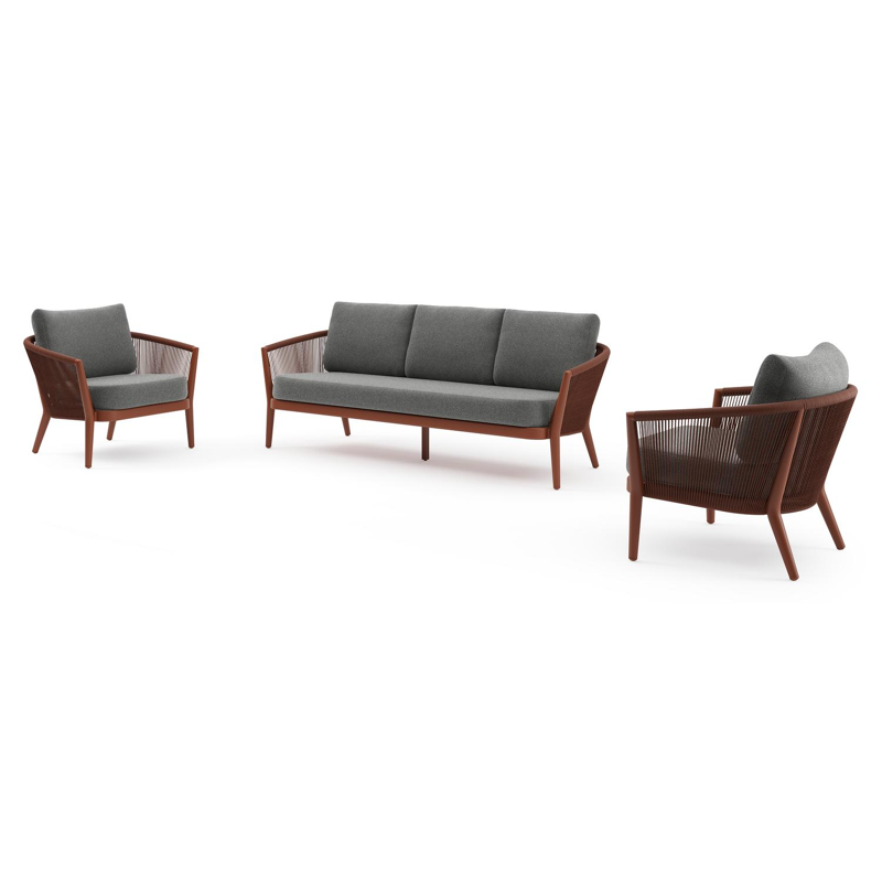 Orso loungeset in roestbruin aluminium en roestbruin verticaal geweven ronde rope met Catania Black all weather cosytica kussen